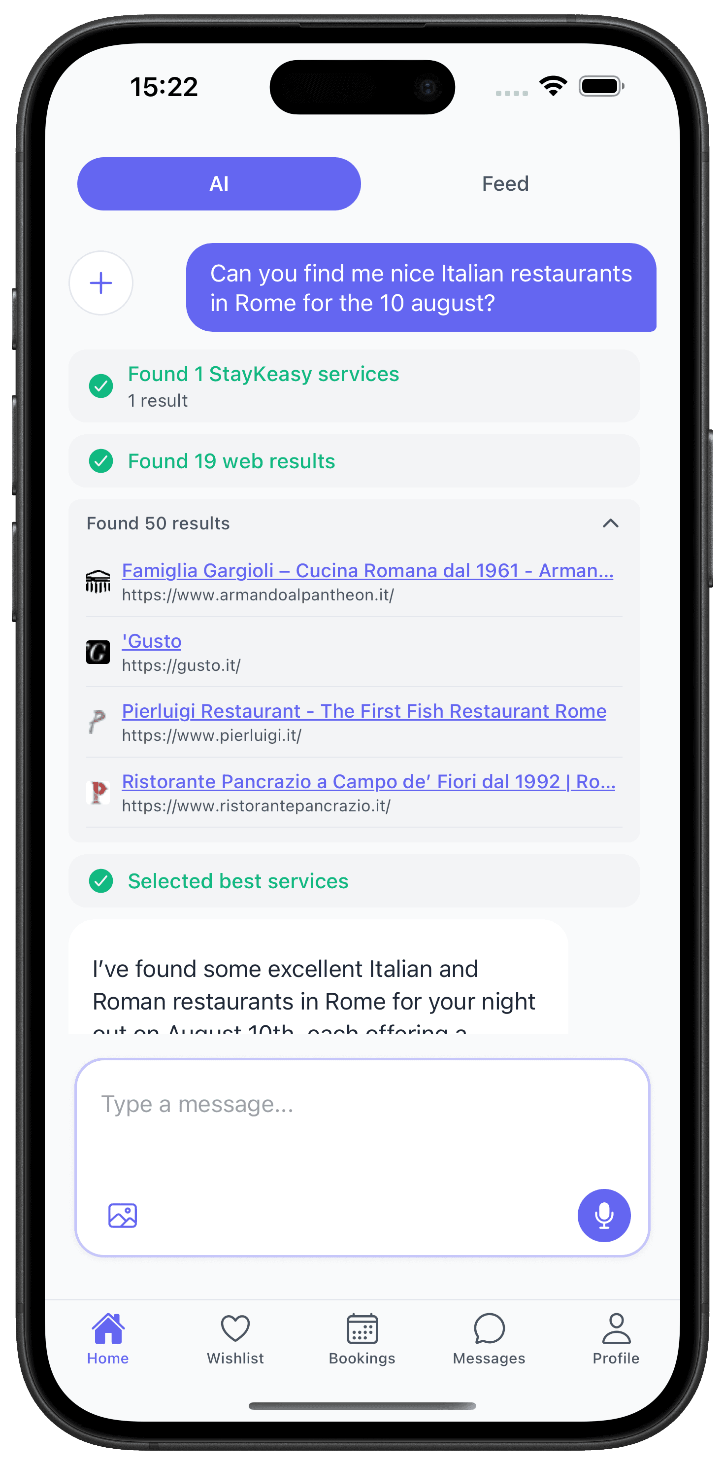 StayKeasy AI Search Results - Find restaurants with web and StayKeasy services